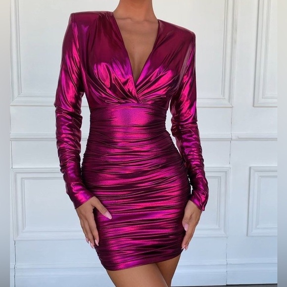 House of CB Zandra Metallic Pink Fuchsia Ruched Long Sleeve Mini Dress XS ✨💖 - Picture 1 of 10